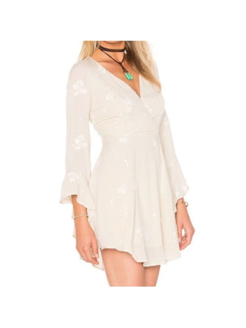 Free People Beige Floral Wrap Mini Dress